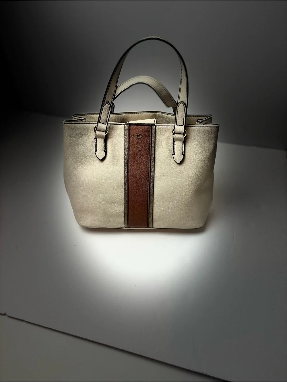 Liz Claiborne Cream Tote with Brown Center Stripe